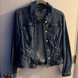White House Black Market Blue Jean Jacket with Lace-Up Sides